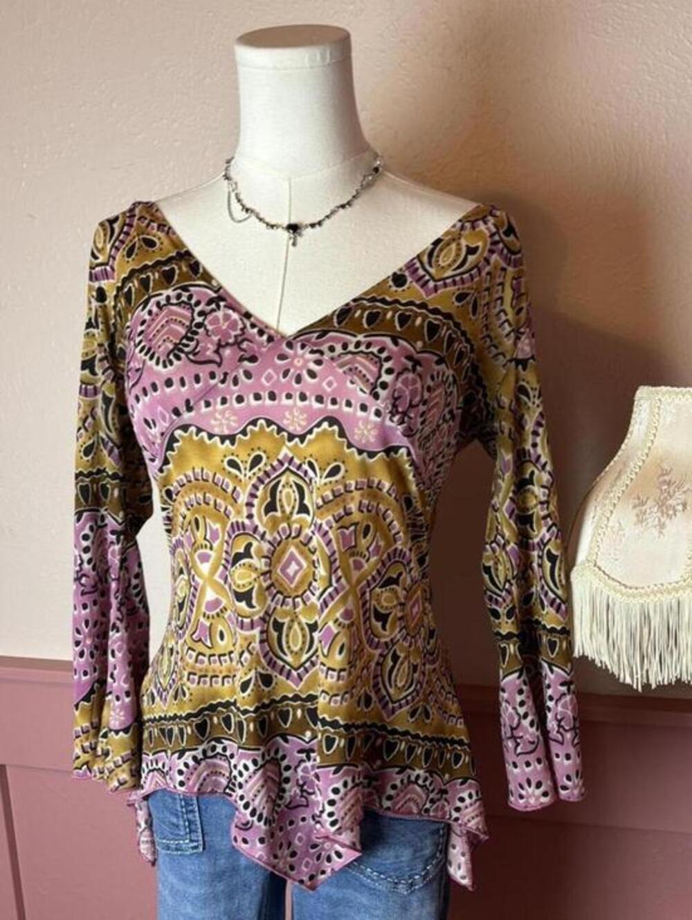 fairy asymmetrical bell sleeve top vintage goddess new york pink brown y2k 2000s